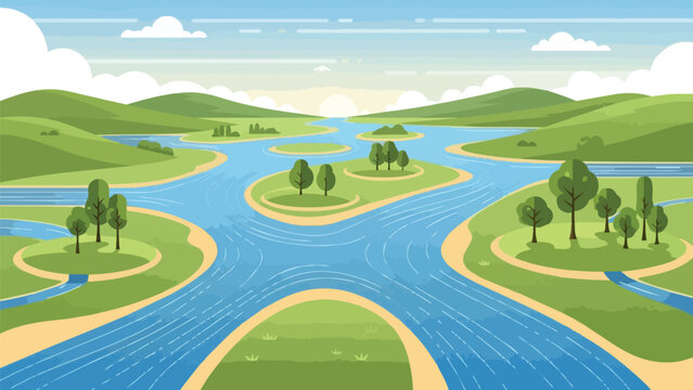 Vibrant vector landscape featuring a broad winding river system, many islands with lush trees, and gentle green hills under a bright blue sky