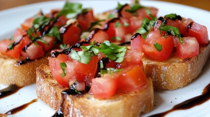 Toasted bread with sliced tomatoes and balsamic glaze