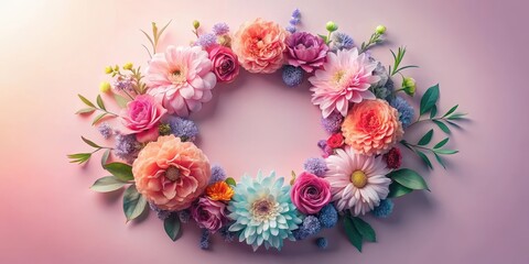 A vibrant arrangement of blossoms forming a circular frame, showcasing a variety of delicate petals and lush green leaves against a soft pink background