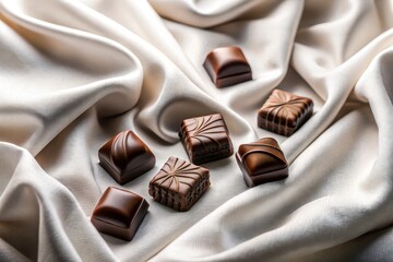 Luxurious dark chocolate squares arranged on elegant, creamy fabric, showcasing rich textures and decadent appeal