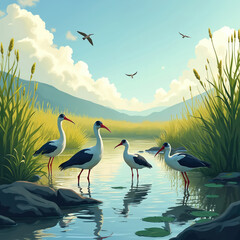 Obraz premium Group of storks stand in shallow water near reeds. Birds wade in calm pond with reflection, sky clouds visible. Other birds fly above serene landscape.