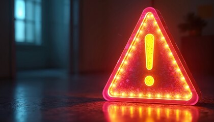 Bright neon triangle warning sign with exclamation mark glows intensely in dark interior. Red and yellow lights flash, signaling urgent alert or danger. Shiny floor reflects bright illuminations.