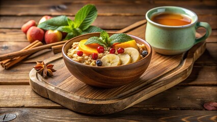 A delightful breakfast bowl of oatmeal topped with fresh fruit and a side of warm beverage on a rustic wooden surface