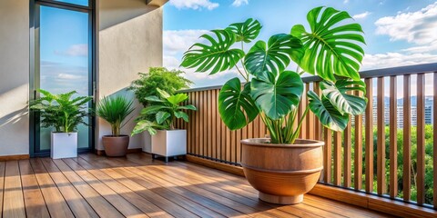 Serene Balcony Garden Oasis with Lush Tropical Plants in Elegant Planters on a Sunny Day