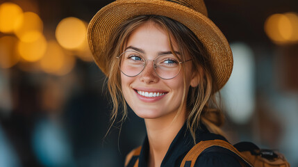 Smiling Young Woman in Straw Hat and Glasses - Energetic Portrait Outdoors with Happy Casual Style