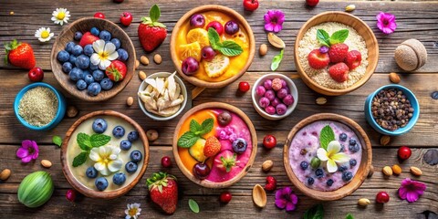 A vibrant overhead arrangement of assorted fruit parfaits, showcasing diverse colorful berries, and tropical fruits in rustic wooden bowls, adorned with fresh mint and blossoms.