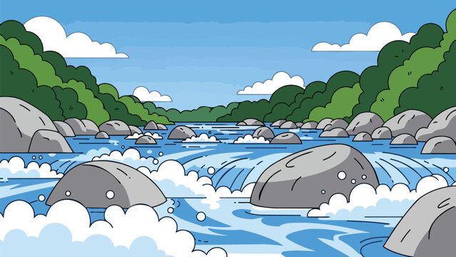 Animated river landscape with rocks and rapids, framed by green trees under a crisp blue sky, capturing the active essence of natural flow.