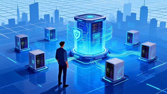 Man observing futuristic server network