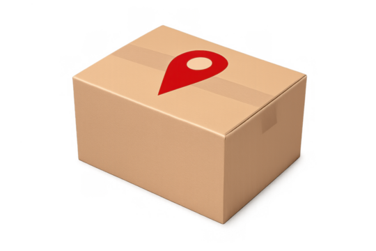 Cardboard box with red location pin showing package delivery, global shipping, and parcel tracking services - Powered by Adobe