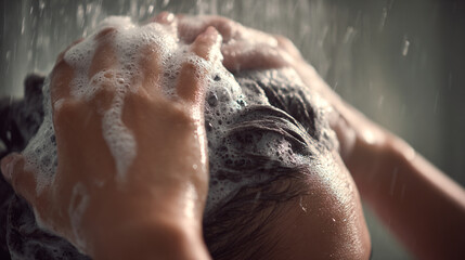 Close-up of hands massaging anti-dandruff shampoo into hair. Focus on hygiene and scalp treatment.