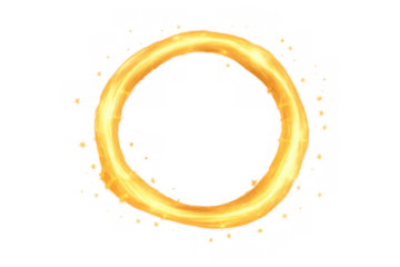 Golden fiery ring generating bright sparks. Abstract magic circle with energy light and glowing particles effect on transparent background