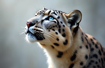 Fototapeta premium Snow leopard with bright blue eyes looks up attentively. Spotted feline with thick fur rests in natural habitat. It is a wild predator from Asian mountains.