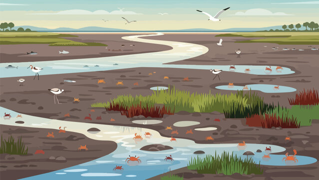 Vibrant animated wetland ecosystem, illustrating diverse wildlife: birds, crabs, fish, in a dynamic habitat of winding water, mudflats and marshlands.