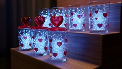 Display of enchanting glass jars and tumblers adorned with shimmering red hearts and bright internal fairy lights creating a romantic ambiance