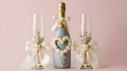 Beautifully decorated champagne bottle centerpiece flanked by two exquisitely adorned flutes perfect for a romantic wedding celebration toast