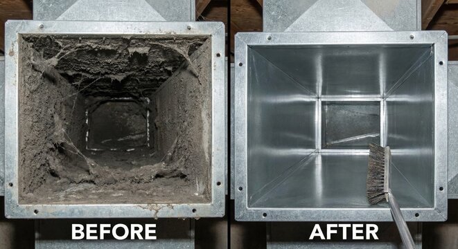 Professional air duct cleaning process with a metal brush. Before and after view of rectangular ventilation shaft maintenance showing thick dust removal.