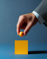 Businessman holding yellow ball over cube on blue background