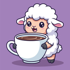 Obraz premium Cute Cartoon Sheep Holding Big Cup of Hot Chocolate or Coffee with Happy Expression Vector Illustration