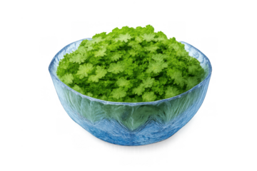 Fresh green finely chopped herbs or spice mix in a transparent glass bowl, ready for cooking and garnishing food