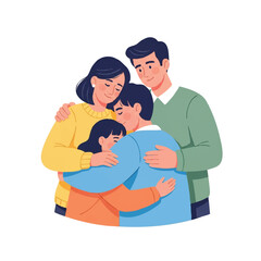 A cartoon illustration of a family of four embracing each other with a cute dragon in the background on a clean white surface.