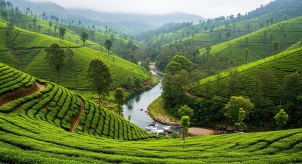 Lush Green Tea Plantations and Winding River in a Misty Mountain Valley Landscape