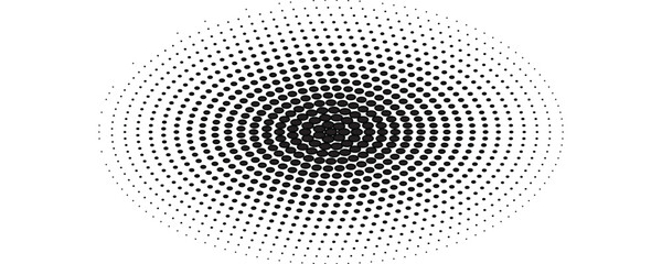 Black halftone concentric circle texture. Rippled repeating sound wave ring wallpaper. Dotted radial gradient background. Vector rasterized backdrop for vibration, epicenter, target, radar signal.