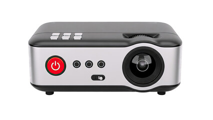 Compact Silver and Black Portable Projector with Power Button and Lens