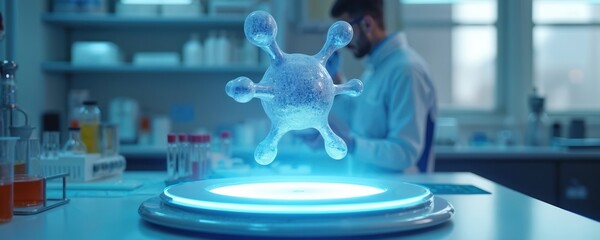 Futuristic lab features floating holographic molecule model. Scientist observes protein structure data, advancing biotech research and molecular biology, development.