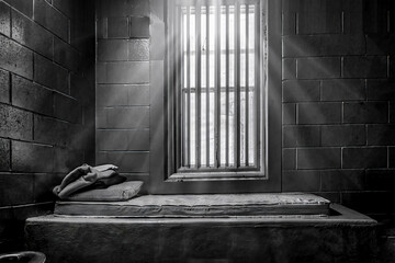 Grungy interior of an old stone jail cell with thin mattress and pillows on a concrete bed, light streaming in through window bars, nobody