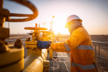 Oil worker adjusting valve at industrial site during sunset