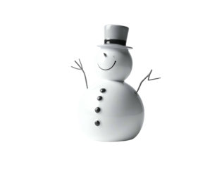 Cheerful, shiny snowman with hat, buttons, and twig arms