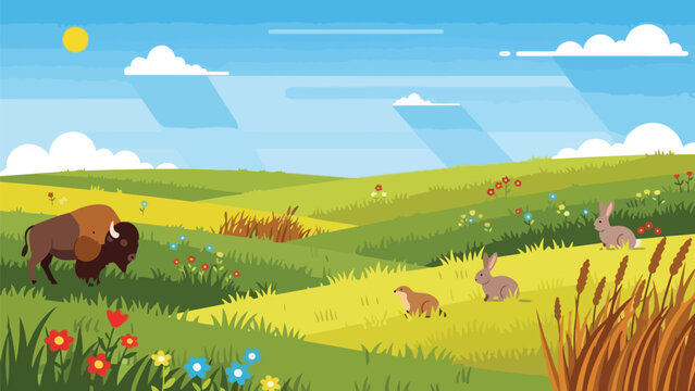 Vibrant flat design prairie with bison, rabbits, prairie dog, rolling green hills, wildflowers, clear blue sky and diverse wildlife habitat