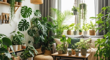 Lush and Vibrant Indoor Garden in a Modern Living Room, Featuring a Rich Collection of Houseplants, Monstera, Palms, and Succulents Bathed in Bright Natural Light, Creating a Serene Biophilic Home Int