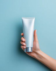 Woman's hand holding silver cosmetic tube against blue background