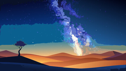 A solitary tree stands against a vibrant milky way in a stylized desert landscape illustration © Rana Islam