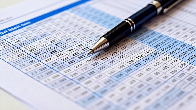 Pen on financial spreadsheet