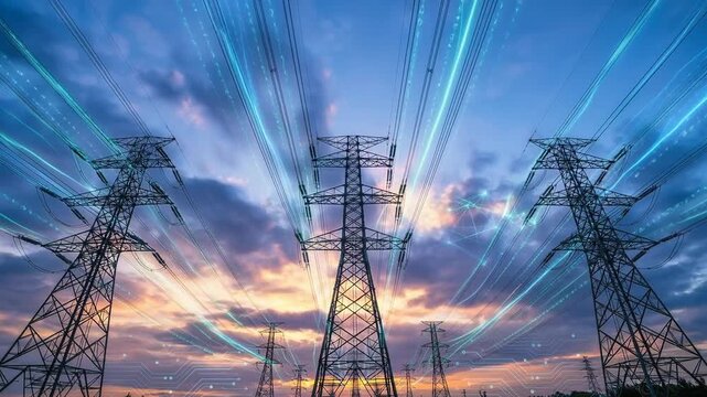 Power line tower edge computing enhances enterprise energy management with digital network connection and smart grid innovation sunset sky cloud