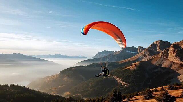 Paraglider flying over mountain valley