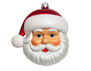 Shiny red Santa Claus ornament, smiling face, white beard