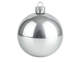 A shiny, silver, spherical ornament with a hook