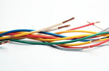Bundle of colorful electrical wires with exposed copper ends. Various hues like blue, yellow, red, green, white arranged on clean white background. Wires ready for connection, signal transmission,