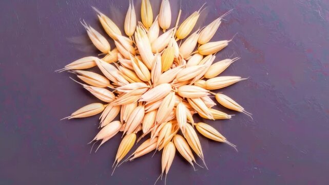 Close up of golden oat grains arranged against a dark background