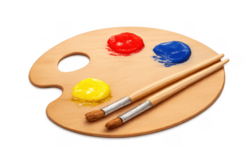 Wooden artist palette holding primary colors of red, blue, and yellow paint blobs with two paintbrushes, transparent background