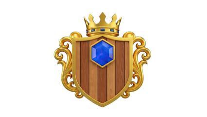 Golden Heraldic Shield with Blue Gemstone and Crown