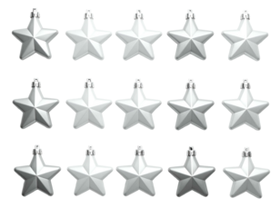Five rows of shiny silver star ornaments on a dark background