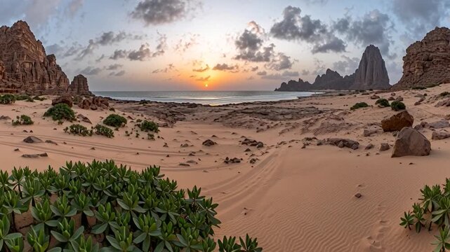 Sunset over Serene Desert Landscape with Rocky Formations and Green Vegetation in Wide Angle View