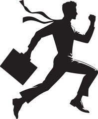 Dynamic black silhouette of a businessman running with a briefcase and a flying tie, conveying speed, urgency, and motion.