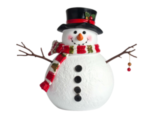 Festive snowman with hat, scarf, twig arms, and berry ornament