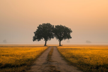 SERENE PATHWAY PEACE ETERNAL NATURE HARMONY. Two trees standing by a winding path at dawn, symbolizing companionship, growth, and the quiet journey toward new beginnings.