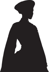 A historical black silhouette of a woman from the 1800s, likely of African tribal origin, wearing traditional attire and a distinct headpiece.